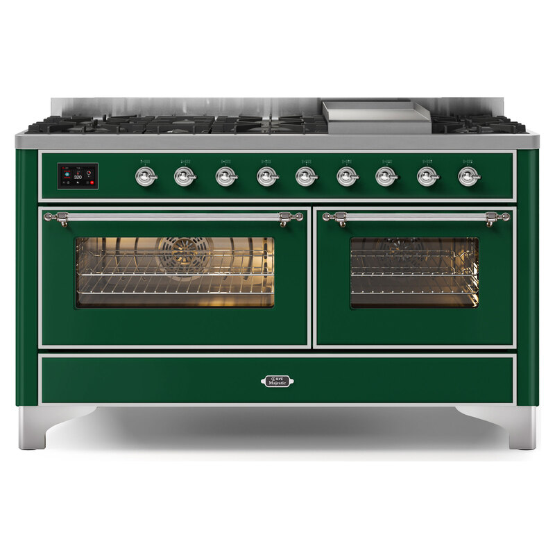 ILVE UM15FDNS3EGCLP Majestic II 60" Dual Fuel Range (Liquid Propane, Triple Glass Door, Emerald Green, Chrome)