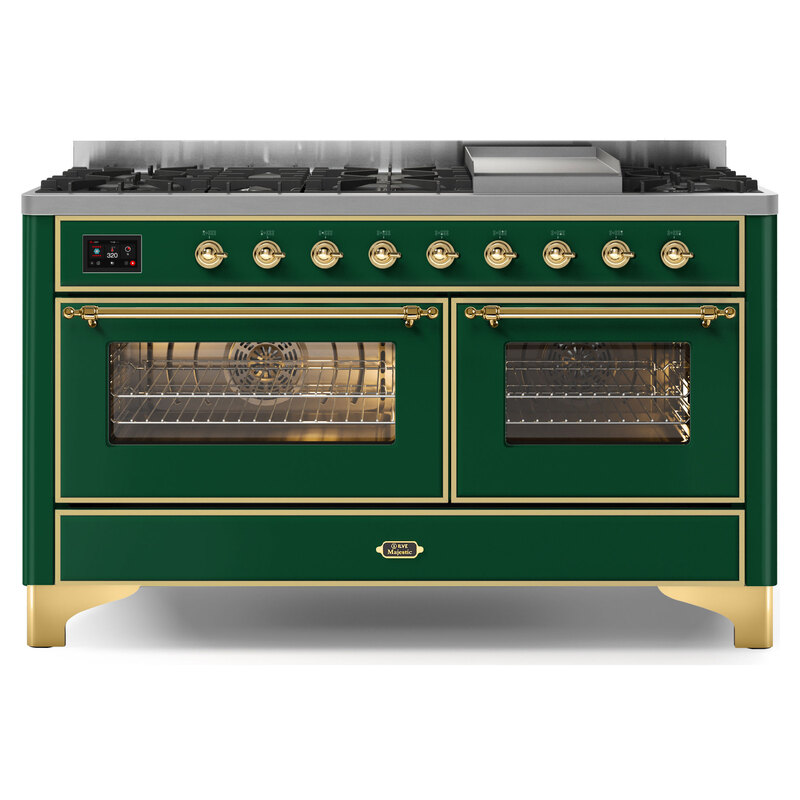 ILVE UM15FDNS3EGGLP Majestic II 60" Dual Fuel Range (Liquid Propane, Triple Glass Door, Emerald Green, Brass)