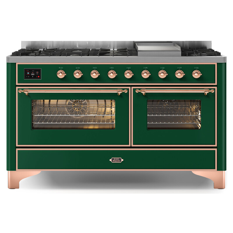 ILVE UM15FDNS3EGPLP Majestic II 60" Dual Fuel Range (Liquid Propane, Triple Glass Door, Emerald Green, Copper)