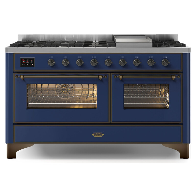 ILVE UM15FDNS3MBBLP Majestic II 60" Dual Fuel Range (Liquid Propane, Triple Glass Door, Midnight Blue, Burnished)