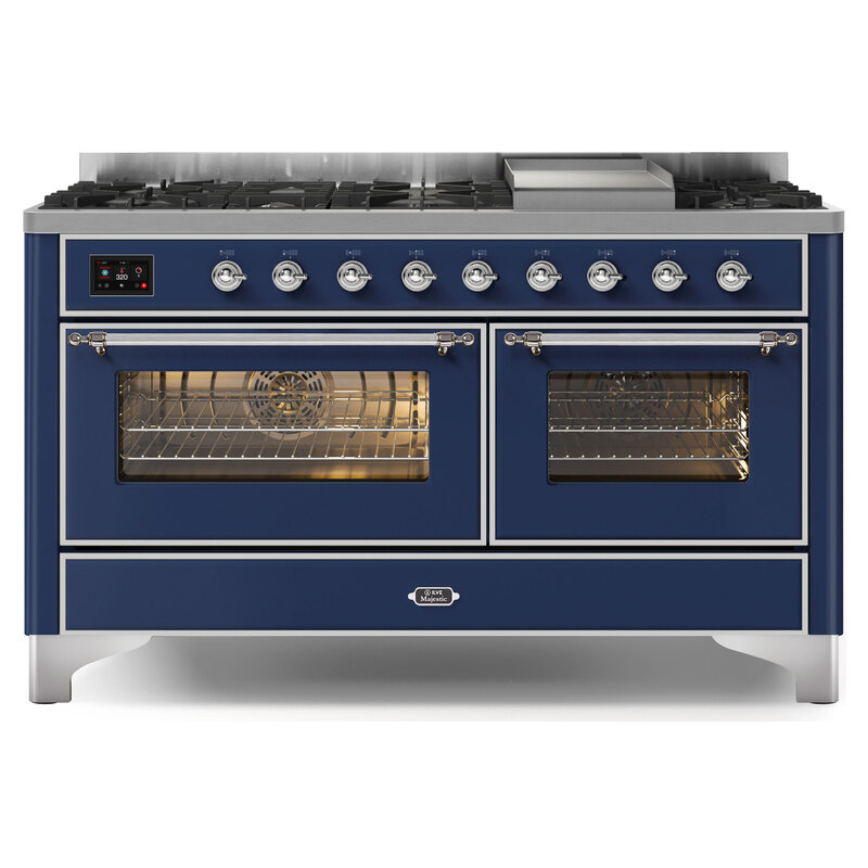 ILVE UM15FDNS3MBCLP Majestic II 60" Dual Fuel Range (Liquid Propane, Triple Glass Door, Midnight Blue, Chrome)