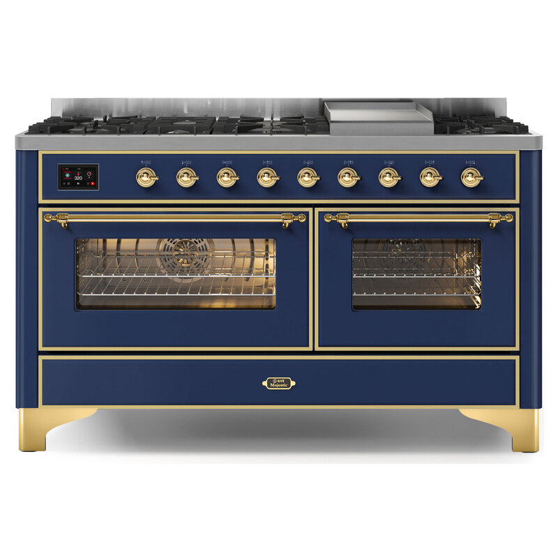 ILVE UM15FDNS3MBGLP Majestic II 60" Dual Fuel Range (Liquid Propane, Triple Glass Door, Midnight Blue, Brass)