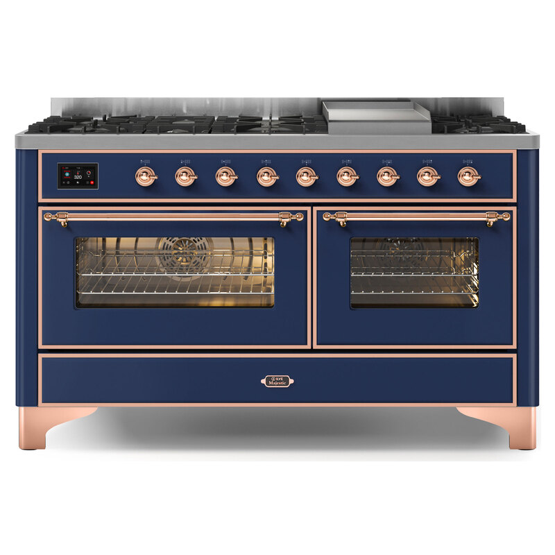 ILVE UM15FDNS3MBPLP Majestic II 60" Dual Fuel Range (Liquid Propane, Triple Glass Door, Midnight Blue, Copper)