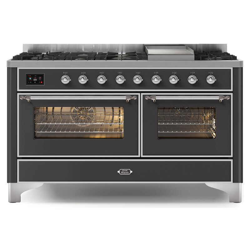 ILVE UM15FDNS3MGCLP Majestic II 60" Dual Fuel Range (Liquid Propane, Triple Glass Door, Graphite Matte, Chrome)