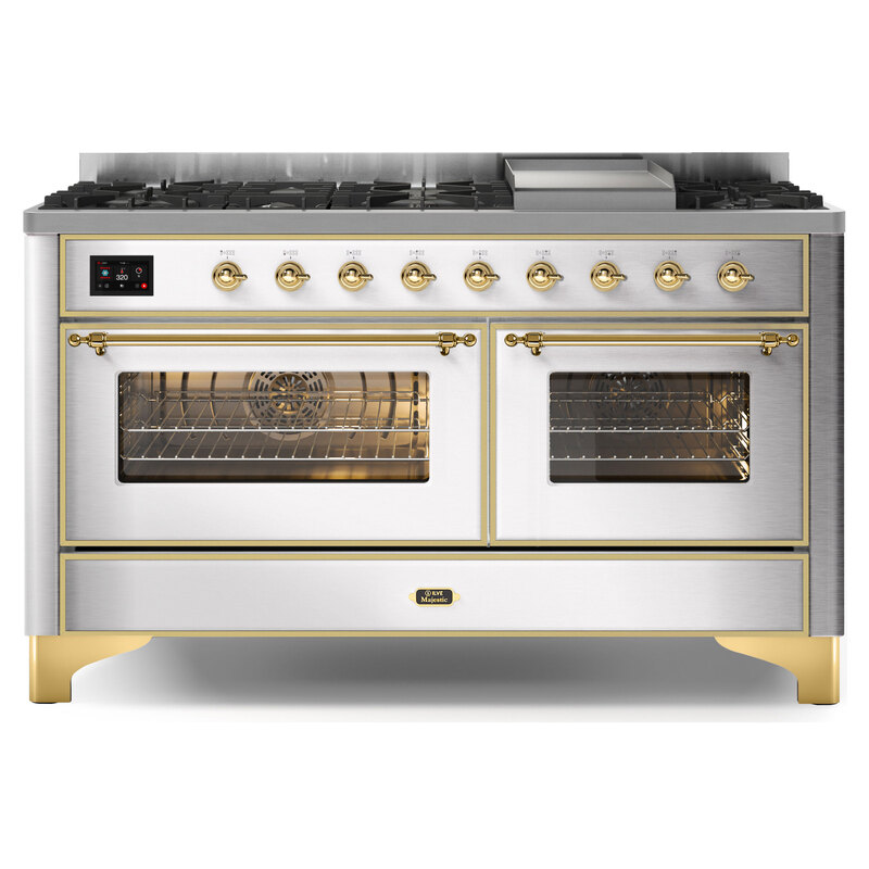 ILVE UM15FDNS3SSGLP Majestic II 60" Dual Fuel Range (Liquid Propane, Triple Glass Door, Stainless Steel, Brass)