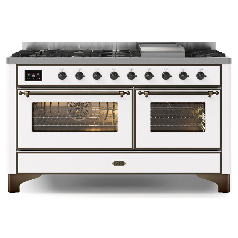 ILVE UM15FDNS3WHBLP Majestic II 60" Dual Fuel Range (Liquid Propane, Triple Glass Door, White, Burnished)