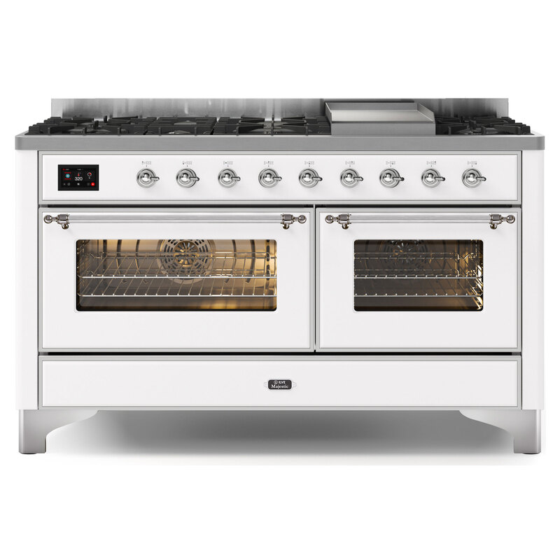 ILVE UM15FDNS3WHCLP Majestic II 60" Dual Fuel Range (Liquid Propane, Triple Glass Door, White, Chrome)