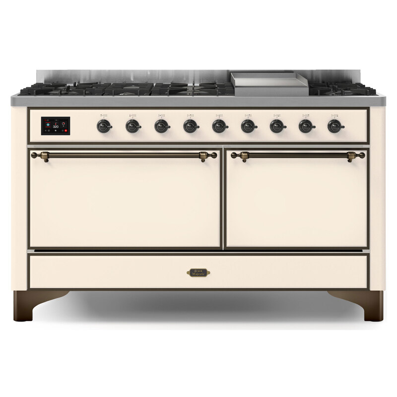 ILVE UM15FDQNS3AWBLP Majestic II 60" Dual Fuel Range (Liquid Propane, Solid Door, Antique White, Burnished)