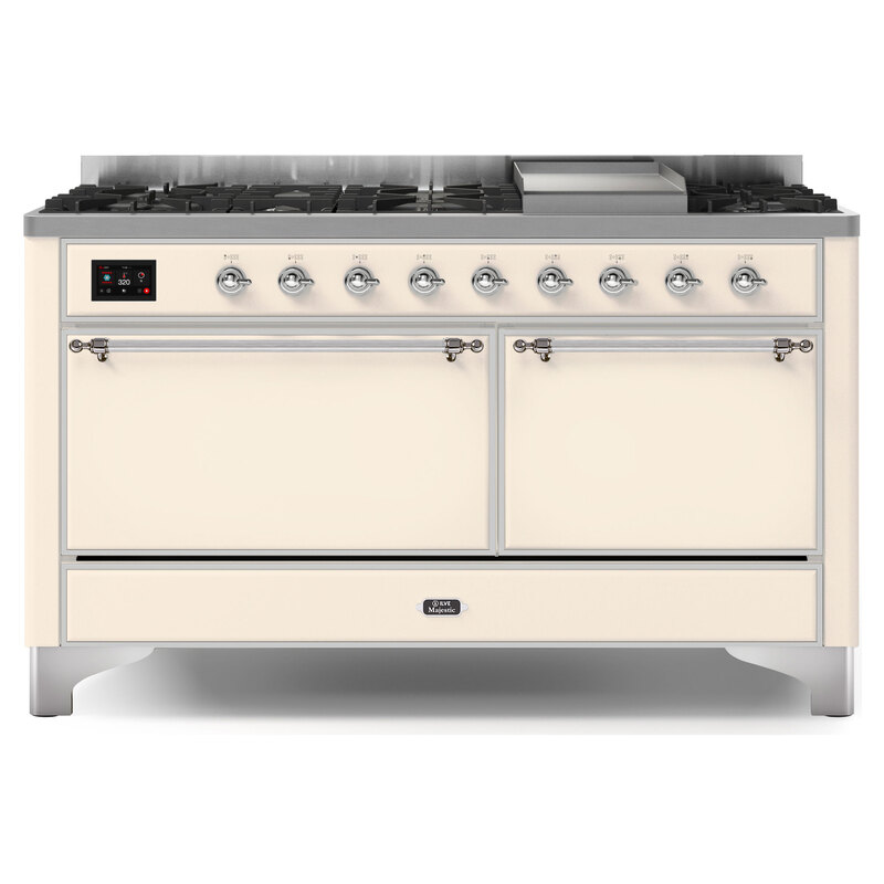 ILVE UM15FDQNS3AWCLP Majestic II 60" Dual Fuel Range (Liquid Propane, Solid Door, Antique White, Chrome)