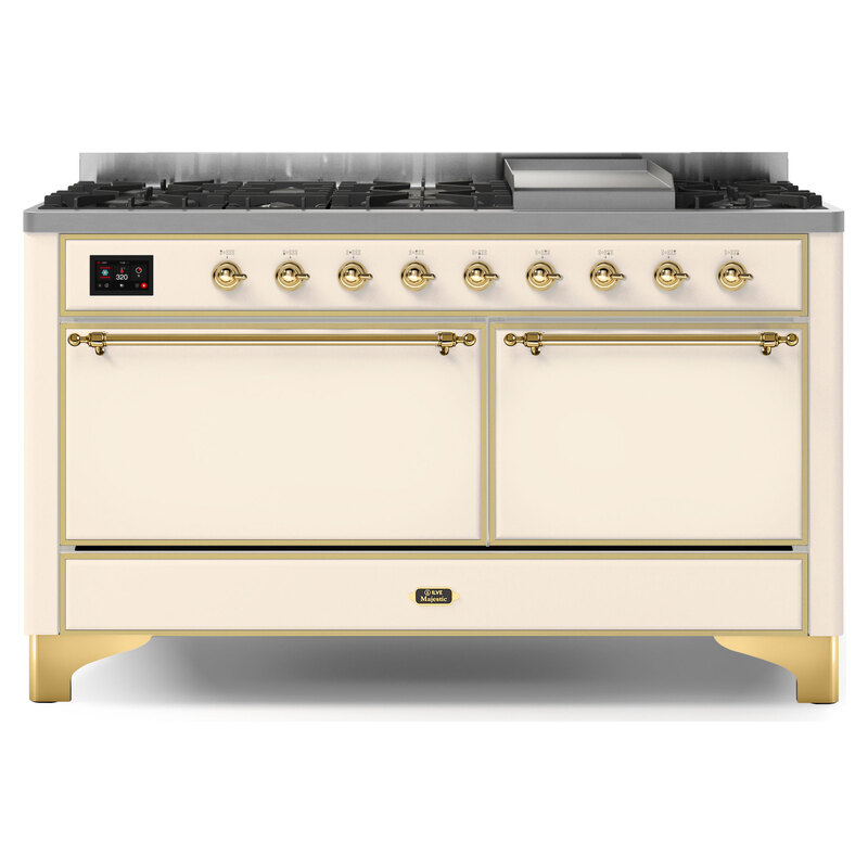 ILVE UM15FDQNS3AWGLP Majestic II 60" Dual Fuel Range (Liquid Propane, Solid Door, Antique White, Brass)