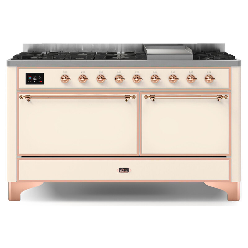 ILVE UM15FDQNS3AWPLP Majestic II 60" Dual Fuel Range (Liquid Propane, Solid Door, Antique White, Copper)