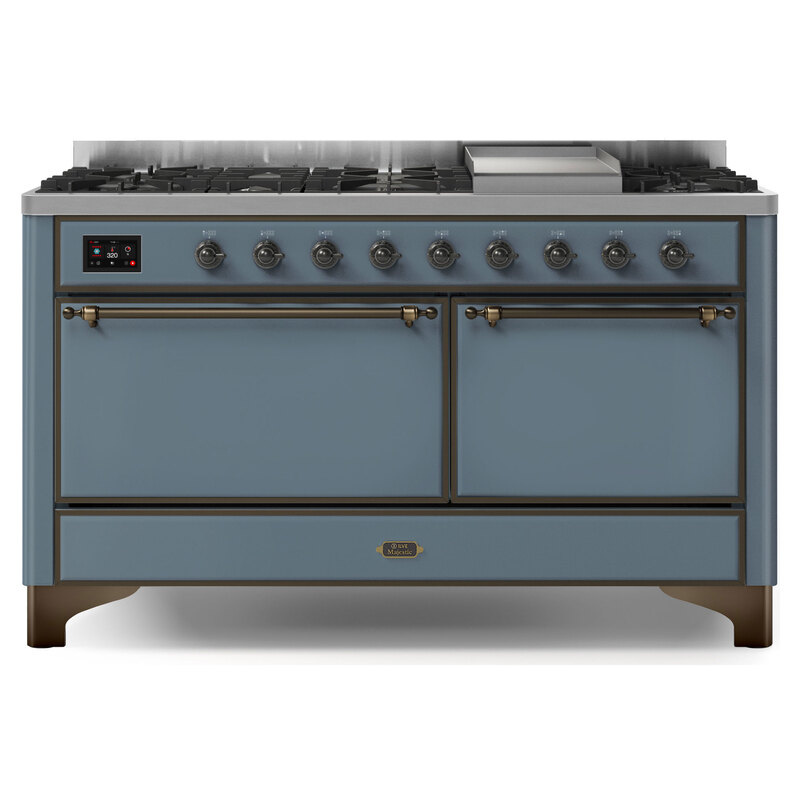 ILVE UM15FDQNS3BGBLP Majestic II 60" Dual Fuel Range (Liquid Propane, Solid Door, Blue Grey, Burnished)