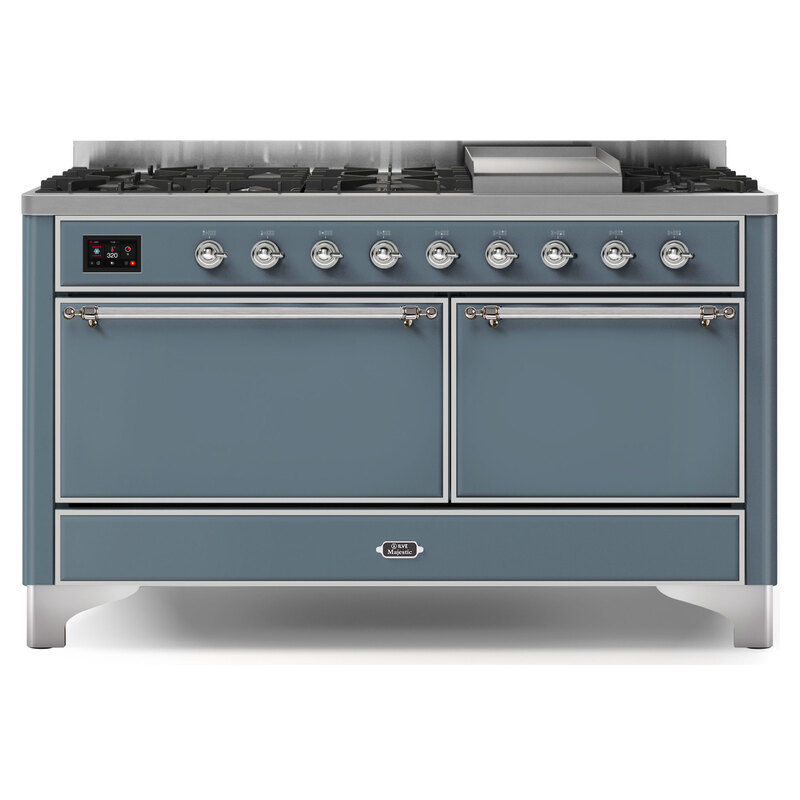 ILVE UM15FDQNS3BGCLP Majestic II 60" Dual Fuel Range (Liquid Propane, Solid Door, Blue Grey, Chrome)