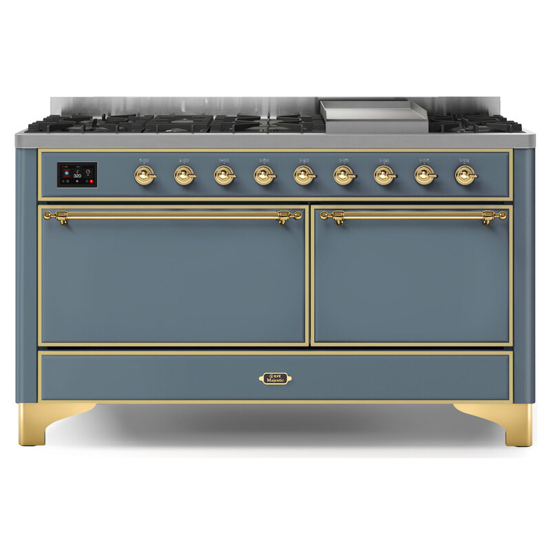 ILVE UM15FDQNS3BGGLP Majestic II 60" Dual Fuel Range (Liquid Propane, Solid Door, Blue Grey, Brass)