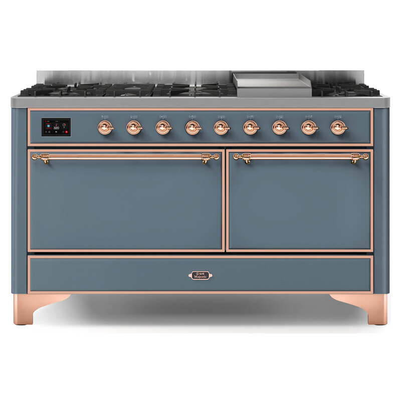 ILVE UM15FDQNS3BGPLP Majestic II 60" Dual Fuel Range (Liquid Propane, Solid Door, Blue Grey, Copper)