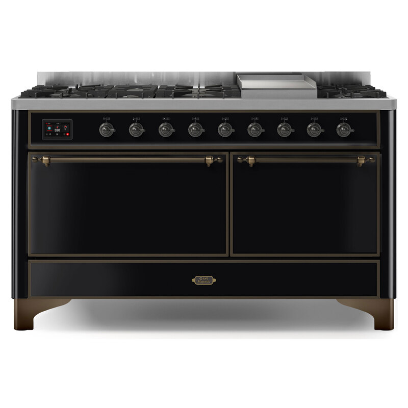 ILVE UM15FDQNS3BKBLP Majestic II 60" Dual Fuel Range (Liquid Propane, Solid Door, Glossy Black, Burnished)