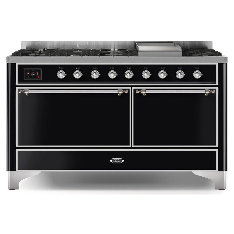 ILVE UM15FDQNS3BKCLP Majestic II 60" Dual Fuel Range (Liquid Propane, Solid Door, Glossy Black, Chrome)