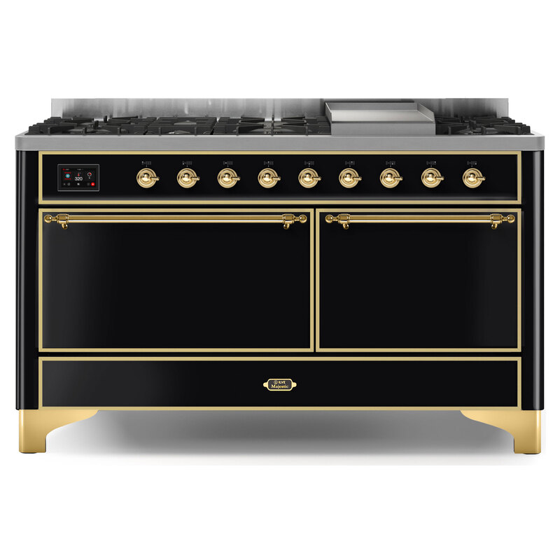 ILVE UM15FDQNS3BKGLP Majestic II 60" Dual Fuel Range (Liquid Propane, Solid Door, Glossy Black, Brass)