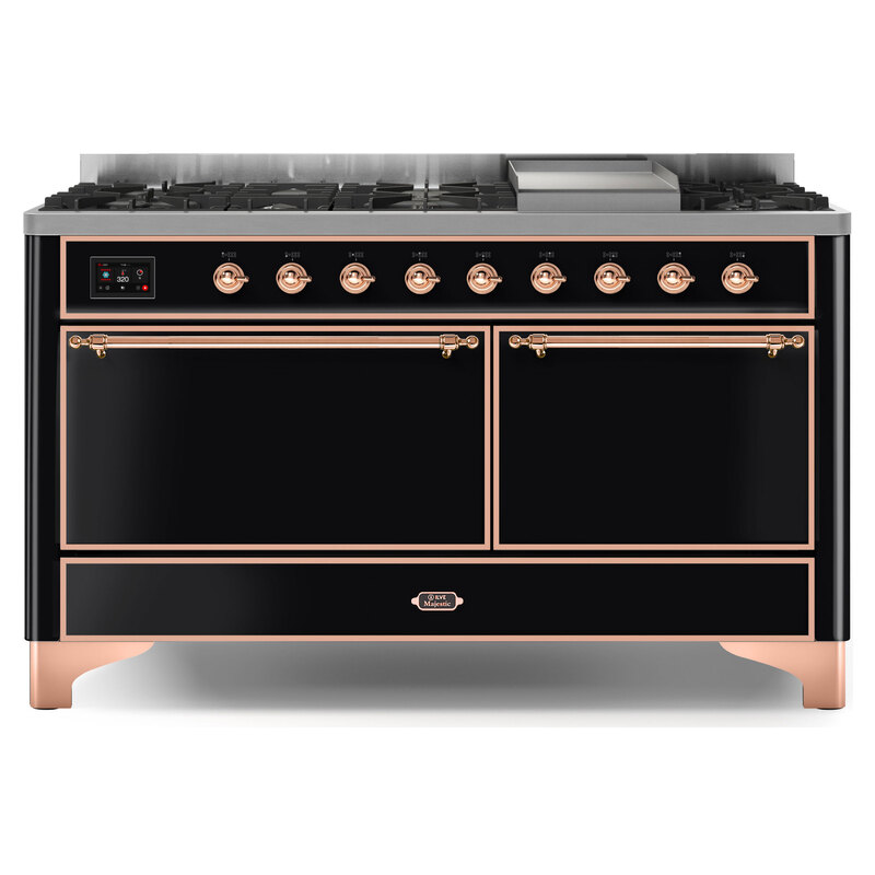 ILVE UM15FDQNS3BKPLP Majestic II 60" Dual Fuel Range (Liquid Propane, Solid Door, Glossy Black, Copper)