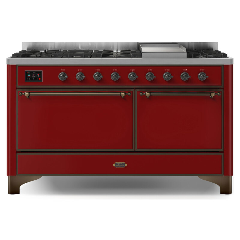 ILVE UM15FDQNS3BUBLP Majestic II 60" Dual Fuel Range (Liquid Propane, Solid Door, Burgundy, Burnished)