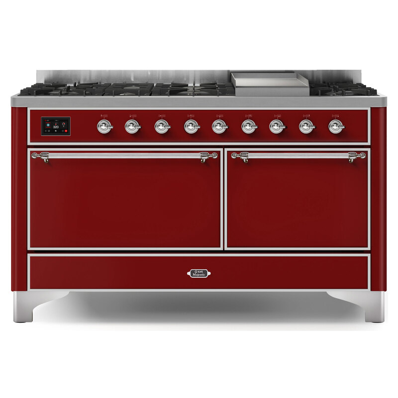 ILVE UM15FDQNS3BUCLP Majestic II 60" Dual Fuel Range (Liquid Propane, Solid Door, Burgundy, Chrome)