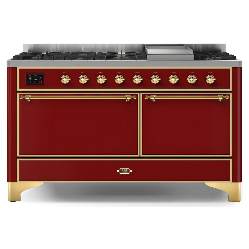 ILVE UM15FDQNS3BUGLP Majestic II 60" Dual Fuel Range (Liquid Propane, Solid Door, Burgundy, Brass)