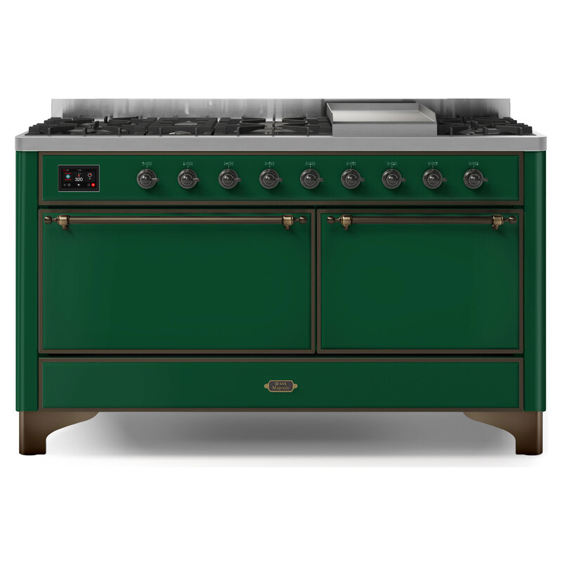 ILVE UM15FDQNS3EGBLP Majestic II 60" Dual Fuel Range (Liquid Propane, Solid Door, Emerald Green, Burnished)