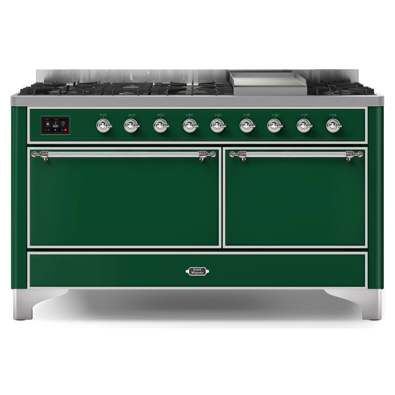 ILVE UM15FDQNS3EGCLP Majestic II 60" Dual Fuel Range (Liquid Propane, Solid Door, Emerald Green, Chrome)