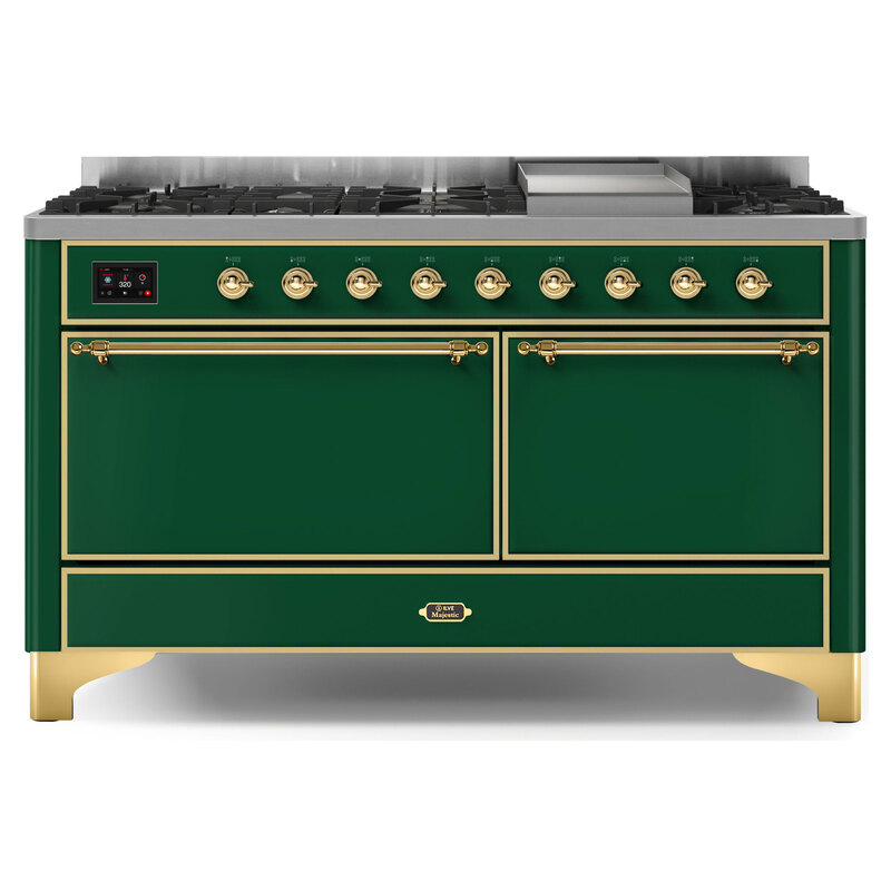 ILVE UM15FDQNS3EGGLP Majestic II 60" Dual Fuel Range (Liquid Propane, Solid Door, Emerald Green, Brass)