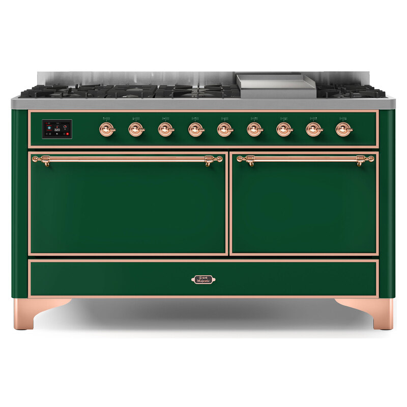 ILVE UM15FDQNS3EGPLP Majestic II 60" Dual Fuel Range (Liquid Propane, Solid Door, Emerald Green, Copper)