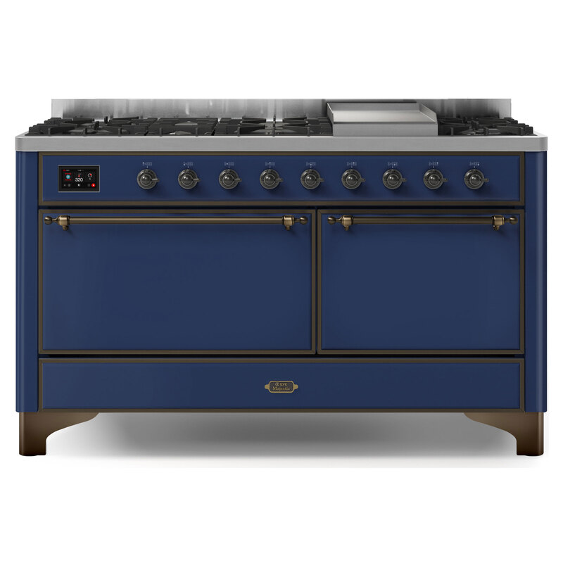 ILVE UM15FDQNS3MBBLP Majestic II 60" Dual Fuel Range (Liquid Propane, Solid Door, Midnight Blue, Burnished)