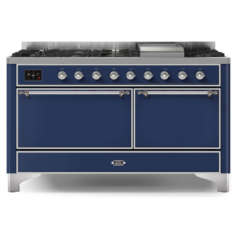 ILVE UM15FDQNS3MBCLP Majestic II 60" Dual Fuel Range (Liquid Propane, Solid Door, Midnight Blue, Chrome)