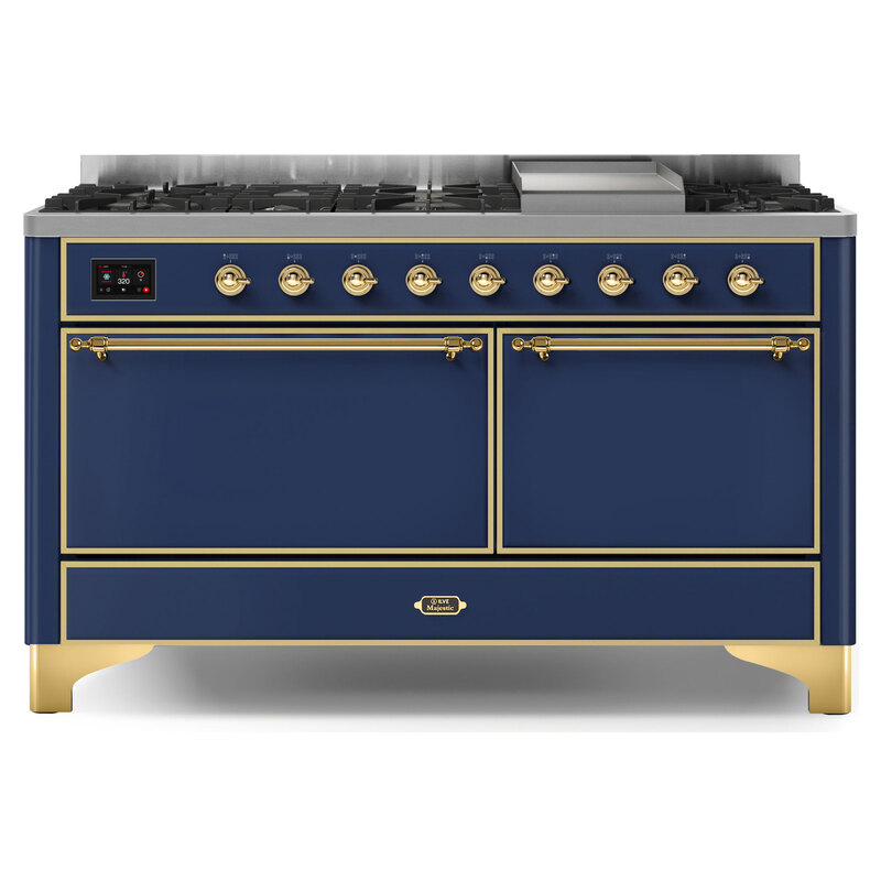 ILVE UM15FDQNS3MBGLP Majestic II 60" Dual Fuel Range (Liquid Propane, Solid Door, Midnight Blue, Brass)