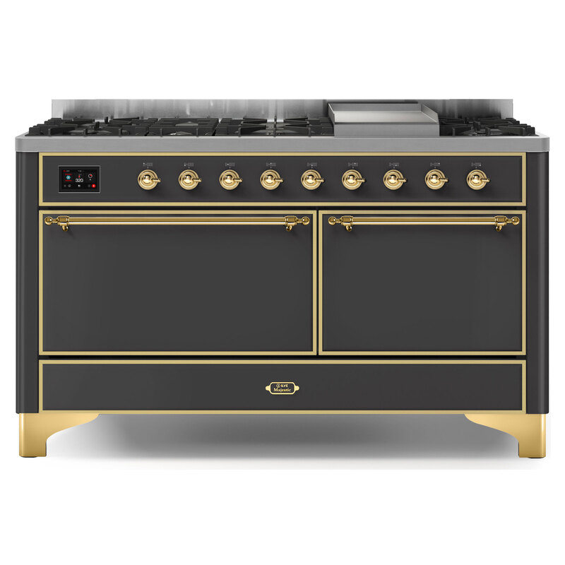 ILVE UM15FDQNS3MGGLP Majestic II 60" Dual Fuel Range (Liquid Propane, Solid Door, Graphite Matte, Brass)