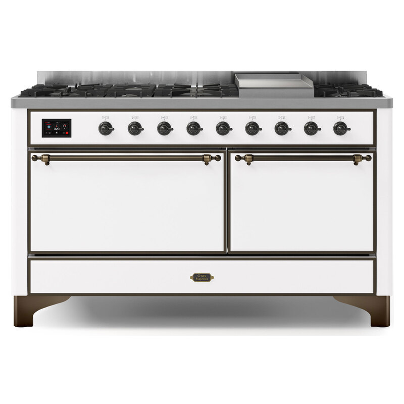 ILVE UM15FDQNS3WHBLP Majestic II 60" Dual Fuel Range (Liquid Propane, Solid Door, White, Burnished)