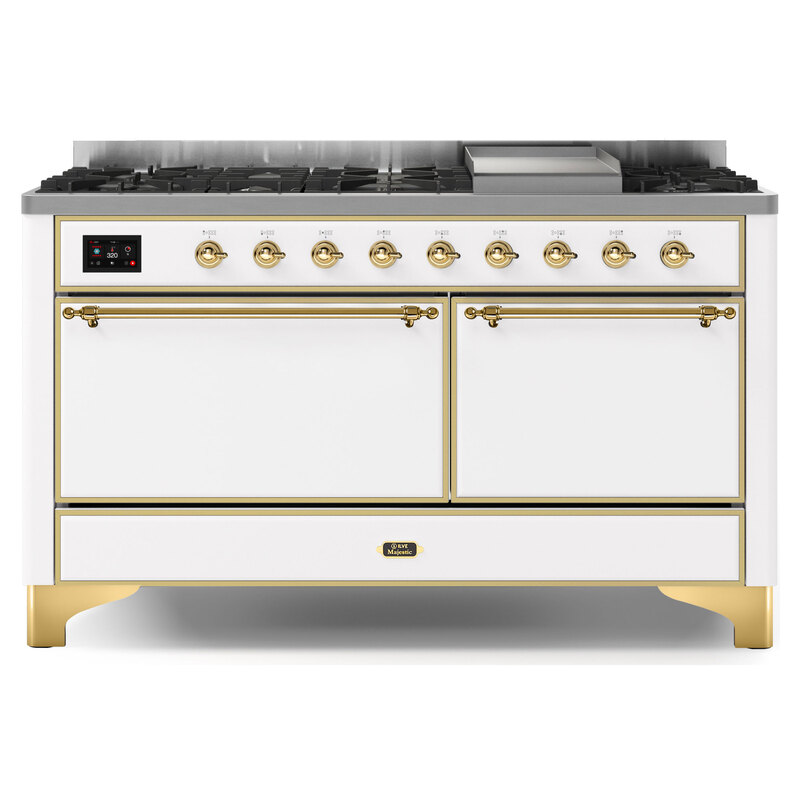 ILVE UM15FDQNS3WHGLP Majestic II 60" Dual Fuel Range (Liquid Propane, Solid Door, White, Brass)