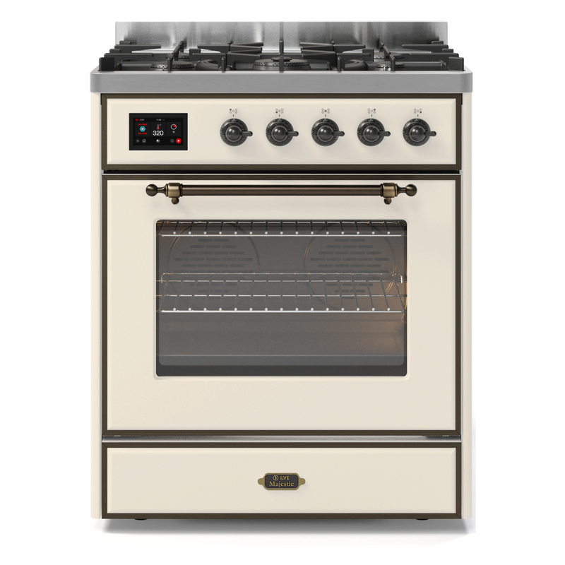 ILVE UM30DNE3AWBLP Majestic II 30" Dual Fuel Range (Liquid Propane, Triple Glass Door, Antique White, Burnished)