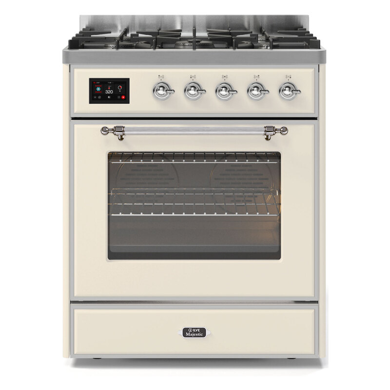 ILVE UM30DNE3AWCLP Majestic II 30" Dual Fuel Range (Liquid Propane, Triple Glass Door, Antique White, Chrome)