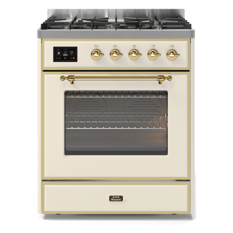 ILVE UM30DNE3AWGLP Majestic II 30" Dual Fuel Range (Liquid Propane, Triple Glass Door, Antique White, Brass)