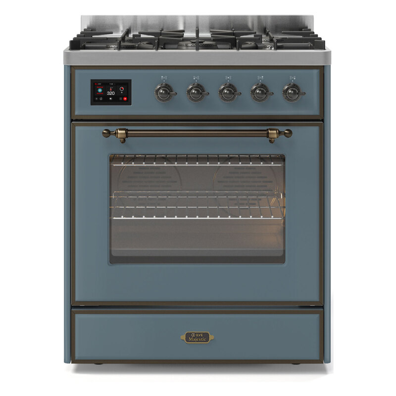 ILVE UM30DNE3BGBLP Majestic II 30" Dual Fuel Range (Liquid Propane, Triple Glass Door, Blue Grey, Burnished)