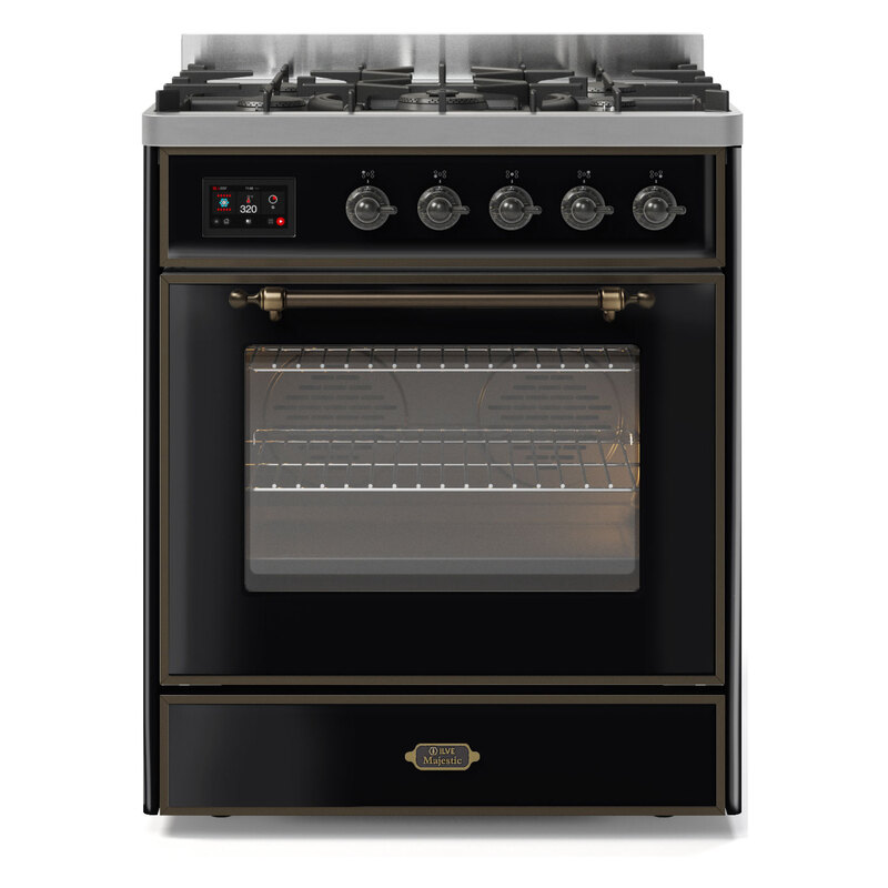 ILVE UM30DNE3BKBLP Majestic II 30" Dual Fuel Range (Liquid Propane, Triple Glass Door, Glossy Black, Burnished)