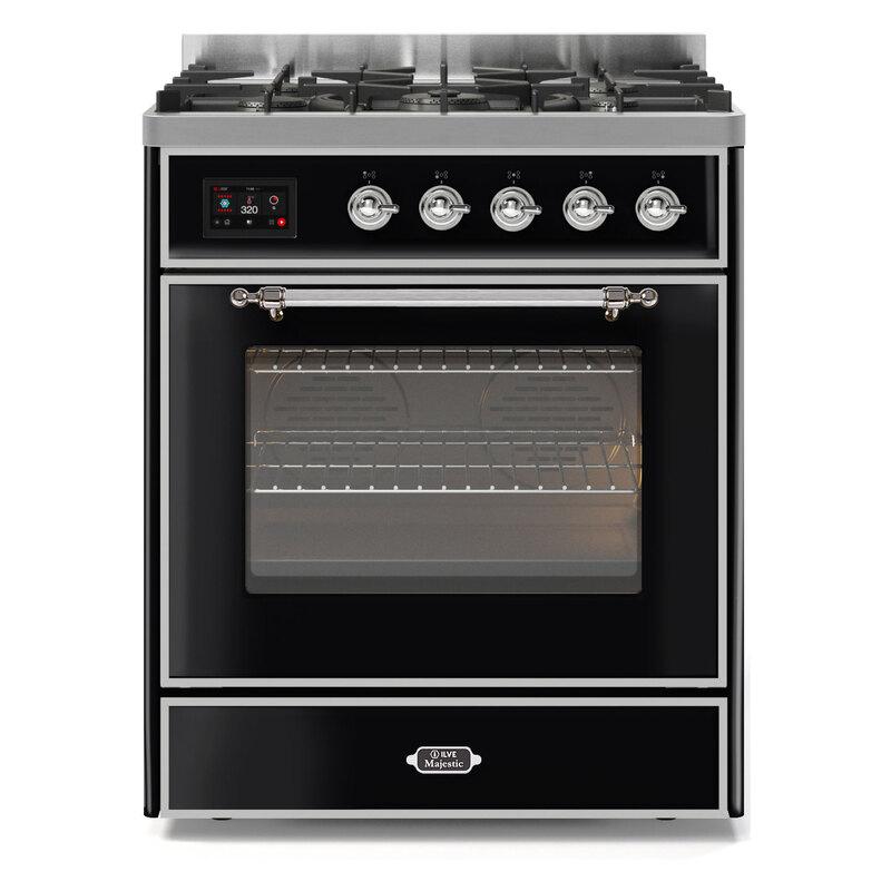 ILVE UM30DNE3BKCLP Majestic II 30" Dual Fuel Range (Liquid Propane, Triple Glass Door, Glossy Black, Chrome)