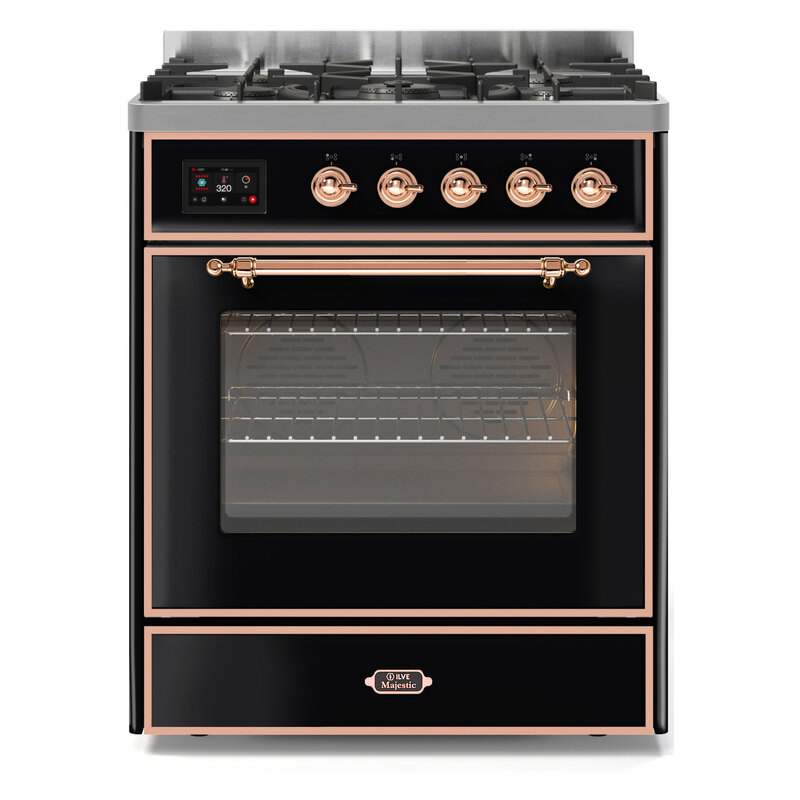 ILVE UM30DNE3BKPLP Majestic II 30" Dual Fuel Range (Liquid Propane, Triple Glass Door, Glossy Black, Copper)