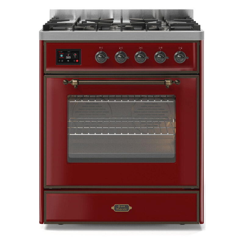 ILVE UM30DNE3BUBLP Majestic II 30" Dual Fuel Range (Liquid Propane, Triple Glass Door, Burgundy, Burnished)