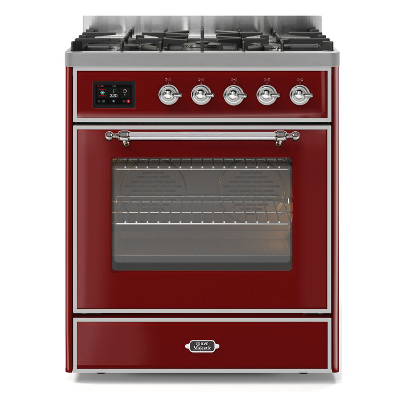 ILVE UM30DNE3BUCLP Majestic II 30" Dual Fuel Range (Liquid Propane, Triple Glass Door, Burgundy, Chrome)