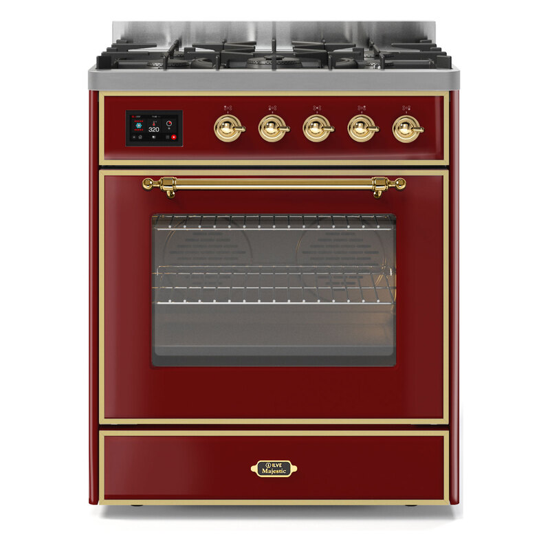 ILVE UM30DNE3BUGLP Majestic II 30" Dual Fuel Range (Liquid Propane, Triple Glass Door, Burgundy, Brass)