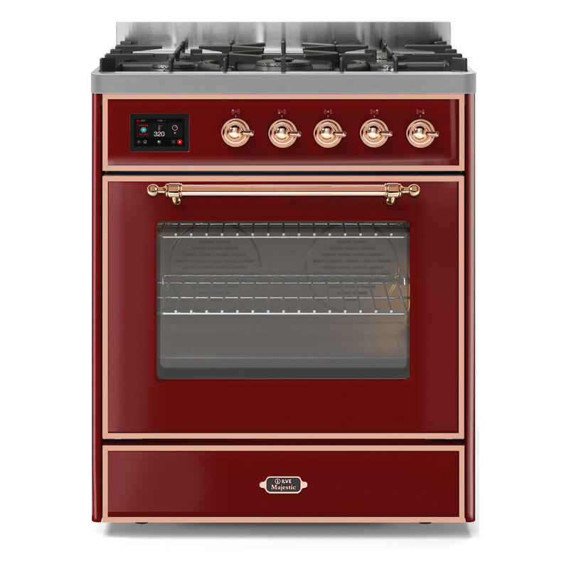 ILVE UM30DNE3BUPLP Majestic II 30" Dual Fuel Range (Liquid Propane, Triple Glass Door, Burgundy, Copper)