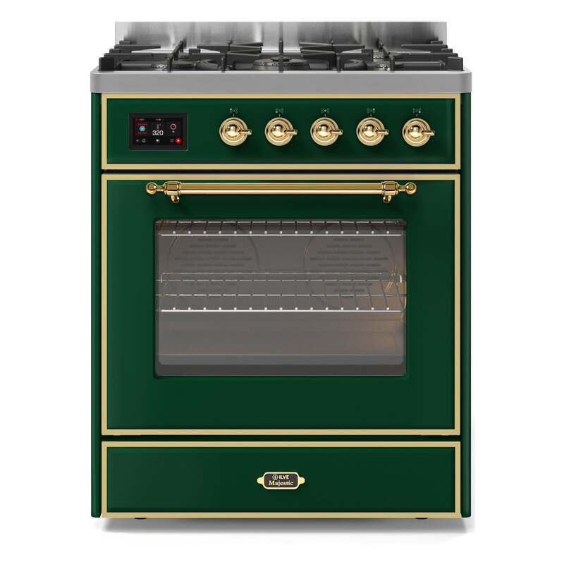 ILVE UM30DNE3EGGLP Majestic II 30" Dual Fuel Range (Liquid Propane, Triple Glass Door, Emerald Green, Brass)