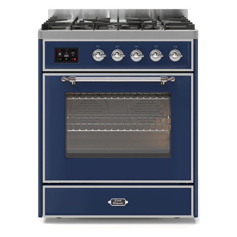 ILVE UM30DNE3MBCLP Majestic II 30" Dual Fuel Range (Liquid Propane, Triple Glass Door, Midnight Blue, Chrome)