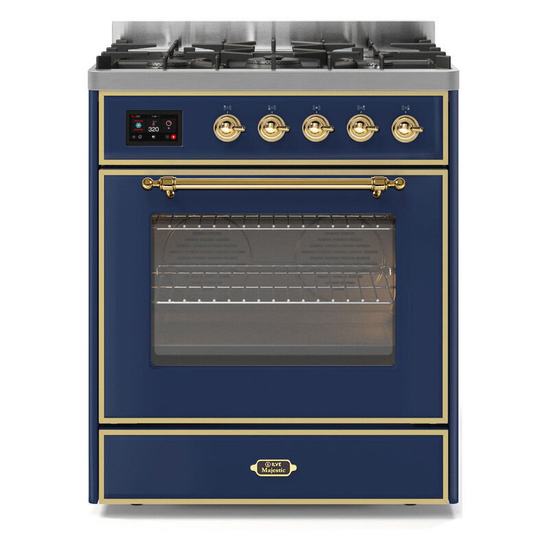 ILVE UM30DNE3MBGLP Majestic II 30" Dual Fuel Range (Liquid Propane, Triple Glass Door, Midnight Blue, Brass)